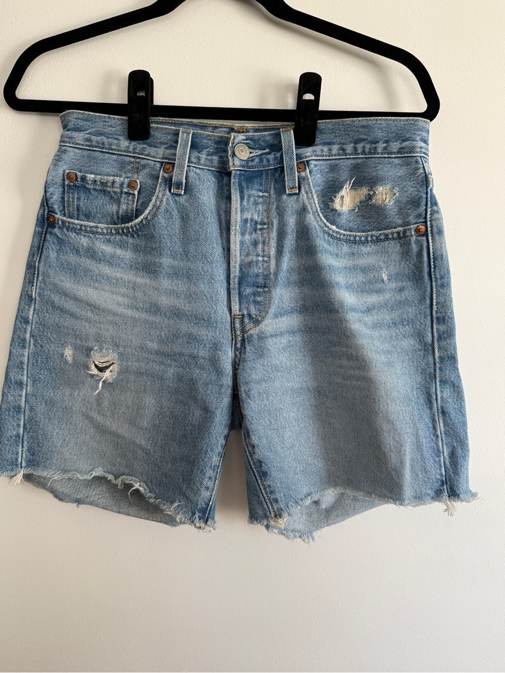 Levi’s 501 Mid Thigh Distressed Denim Shorts